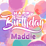 A vibrant name GIF featuring colorful balloons in shades of pink, orange, and yellow with the bold text 'Happy Birthday Maddie' in festive fonts, creating a lively birthday vibe.