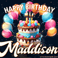 Hand-drawn happy birthday cake adorned with an arch of colorful balloons - name GIF for Maddison