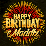 Golden 'Happy Birthday Maddix' text accompanied by animated rainbow fireworks for a festive animated greeting.