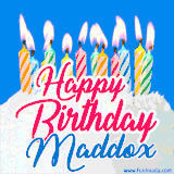 A cheerful animated GIF featuring colorful lit birthday candles on a white cake, with the text 'Happy Birthday Maddox' in bold red and blue script on a bright blue background.