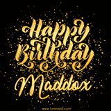Animated GIF with colorful, festive 'Happy Birthday Maddox' text decorated with patterns, a party hat, and falling confetti. A vibrant and cheerful design for birthday celebrations.