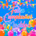 A vibrant animated GIF with 'Feliz Cumpleaños Maddox' written in colorful script, surrounded by balloons, confetti, and bunting on a bright blue background.