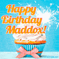 A cheerful animated GIF of a cupcake with creamy frosting, a red checkered ribbon, and a bright sparkler on top. The text 'Happy Birthday Maddox!' is displayed in vibrant orange and red.