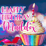 A festive animated GIF featuring a colorful cupcake with a single lit candle, sprinkles, and 'Happy Birthday Maddox' text against a sparkling, celebratory background.