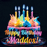 A vibrant animated GIF featuring a colorful rotating birthday cake with bright frosting swirls, glowing candles, and the text 'Happy Birthday Maddox!' in rainbow colors.