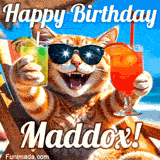 A cheerful cat wearing sunglasses, enjoying drinks on a sunny beach chair, with the text 'Happy Birthday Maddox!' in bright letters.
