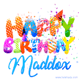 Animated GIF with colorful, festive 'Happy Birthday Maddox' text decorated with patterns, a party hat, and falling confetti. A vibrant and cheerful design for birthday celebrations.