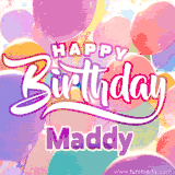 A vibrant name GIF featuring colorful balloons in shades of pink, orange, and yellow with the bold text 'Happy Birthday Maddy' in festive fonts, creating a lively birthday vibe.