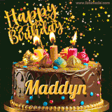 A delightful chocolate birthday cake with bright candles and 'Happy Birthday Maddyn' written in gold amidst a shower of animated stars.