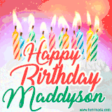 Bright birthday candles with rainbow flames on a cake, alongside the text 'Happy Birthday Maddyson' in vibrant script in this celebratory animated GIF.