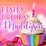 A vibrant birthday GIF featuring a rainbow-colored cupcake topped with white frosting, sprinkles, and a lit candle. The text reads 'Happy Birthday Maddyson' in bold pink and violet letters with white outline.