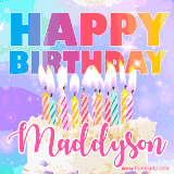 A vibrant animated name GIF with the words 'Happy Birthday Maddyson' with colorful candles on a creamy cake. The background sparkles with pastel shades, adding a festive touch.