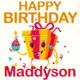 A vibrant and funny gift box character with a happy face dancing with a cupcake and the text 'Happy Birthday Maddyson,' surrounded by animated confetti and party vibes.