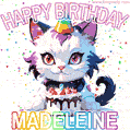 Cute cosmic cat with a birthday cake for Madeleine surrounded by a shimmering array of rainbow stars