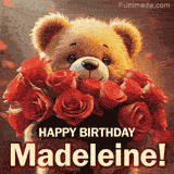 Cinematic style cute animated teddy bear with charming features holding a large bouquet of red roses, the words say 'Happy Birthday Madeleine' in sans serif font.