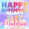 Animated Happy Birthday Cake with Name Madeleine and Burning Candles