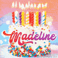 Personalized for Madeline elegant birthday cake adorned with rainbow sprinkles, colorful candles and glitter