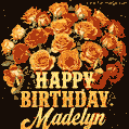 Beautiful bouquet of orange and red roses for Madelyn, golden inscription and twinkling stars