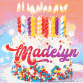 Personalized for Madelyn elegant birthday cake adorned with rainbow sprinkles, colorful candles and glitter