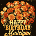 Beautiful bouquet of orange and red roses for Madelynn, golden inscription and twinkling stars