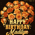 Beautiful bouquet of orange and red roses for Madilyn, golden inscription and twinkling stars