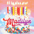 Personalized for Madilyn elegant birthday cake adorned with rainbow sprinkles, colorful candles and glitter