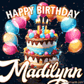 Hand-drawn happy birthday cake adorned with an arch of colorful balloons - name GIF for Madilynn