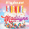 Personalized for Madilynn elegant birthday cake adorned with rainbow sprinkles, colorful candles and glitter