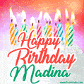 Happy Birthday GIF for Madina with Birthday Cake and Lit Candles