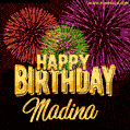 Wishing You A Happy Birthday, Madina! Best fireworks GIF animated greeting card.