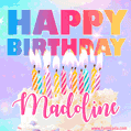 Animated Happy Birthday Cake with Name Madoline and Burning Candles