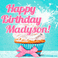 Happy Birthday Madyson! Elegang Sparkling Cupcake GIF Image.