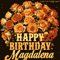 Beautiful bouquet of orange and red roses for Magdalena, golden inscription and twinkling stars