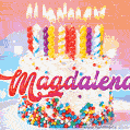 Personalized for Magdalena elegant birthday cake adorned with rainbow sprinkles, colorful candles and glitter