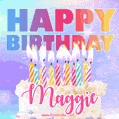 Animated Happy Birthday Cake with Name Maggie and Burning Candles