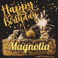 Celebrate Magnolia's birthday with a GIF featuring chocolate cake, a lit sparkler, and golden stars