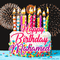 Amazing Animated GIF Image for Mahamed with Birthday Cake and Fireworks