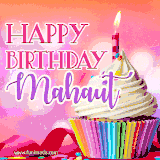 A vibrant birthday GIF featuring a rainbow-colored cupcake topped with white frosting, sprinkles, and a lit candle. The text reads 'Happy Birthday Mahaut' in bold pink and violet letters with white outline.