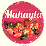 Beautifully decorated red velvet berry birthday cake with vibrant fruits and a glowing 'Mahayla' name, adding a touch of sweetness and sparkle.