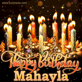 A glowing personalized birthday GIF with name Mahayla featuring lit candles with intricate designs, warm lighting, and the text 'Happy Birthday' in an elegant font.