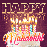 A colorful birthday cake topped with lit candles, with the words 'Happy Birthday Mahdokht' in bold glowing letters on a burgundy background. Animated flames add a festive touch.