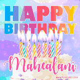 A vibrant animated name GIF with the words 'Happy Birthday Mahealani' with colorful candles on a creamy cake. The background sparkles with pastel shades, adding a festive touch.