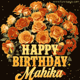 Animated bouquet of orange roses with moving butterfles and golden 'Happy Birthday Mahika' text, surrounded by sparkling accents and a dark backdrop for a luxurious feel.