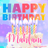 A vibrant animated name GIF with the words 'Happy Birthday Mahlani' with colorful candles on a creamy cake. The background sparkles with pastel shades, adding a festive touch.