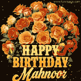 Animated bouquet of orange roses with moving butterfles and golden 'Happy Birthday Mahnoor' text, surrounded by sparkling accents and a dark backdrop for a luxurious feel.