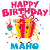 A vibrant and funny gift box character with a happy face dancing with a cupcake and the text 'Happy Birthday Maho,' surrounded by animated confetti and party vibes.