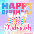 Animated Happy Birthday Cake with Name Mahuizoh and Burning Candles