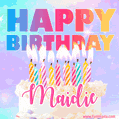 Animated Happy Birthday Cake with Name Maidie and Burning Candles