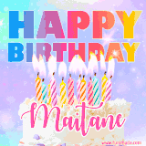 A vibrant animated name GIF with the words 'Happy Birthday Maitane' with colorful candles on a creamy cake. The background sparkles with pastel shades, adding a festive touch.