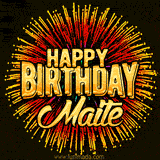 Golden 'Happy Birthday Maite' text accompanied by animated rainbow fireworks for a festive animated greeting.